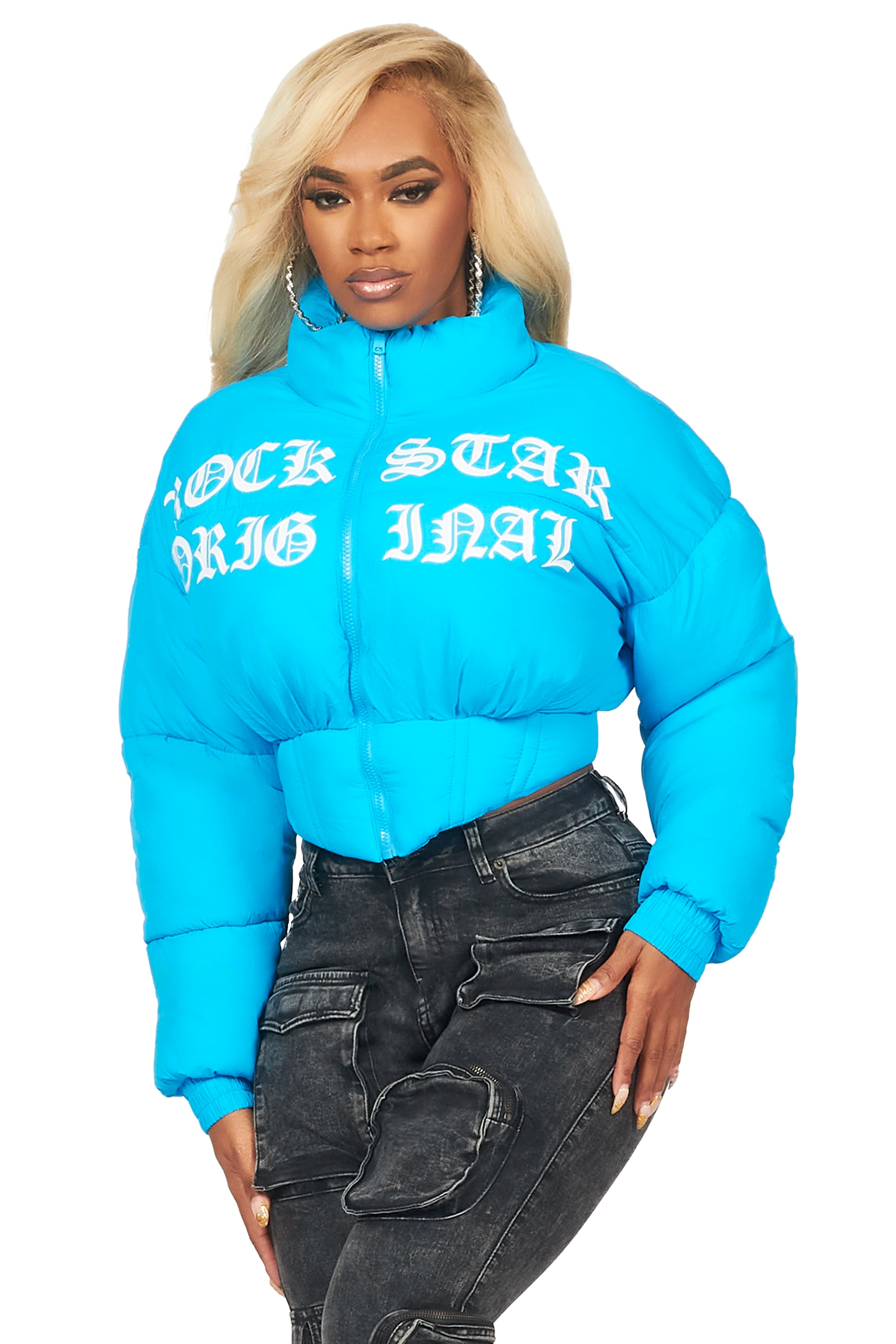 Samaiya Blue Corset Puffer Jacket Front Pockets Side Pockets Patch Pockets