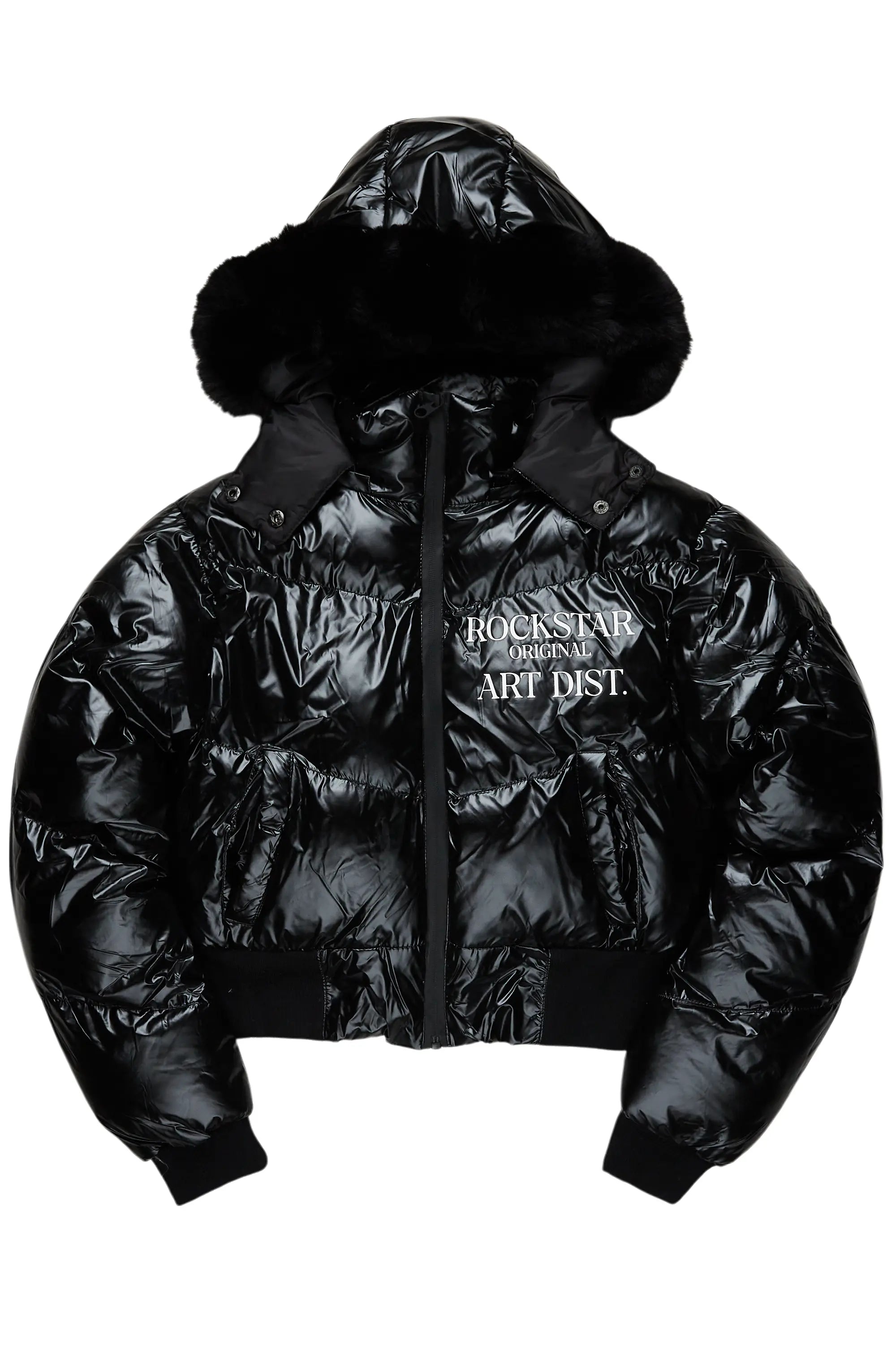 Destina Black Puffer Jacket Denim Fabric Leather Fabric Suede Fabric