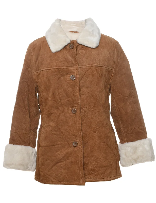 Single Breasted Shearling Lined Brown & White Contrast Suede Jacket - M Insulated Jacket Fitted Jacket Loose Jacket Single Breasted Shearling Lined Brown & White Contrast Suede Jacket - M Insulated Jacket Fitted Jacket Loose Jacket
