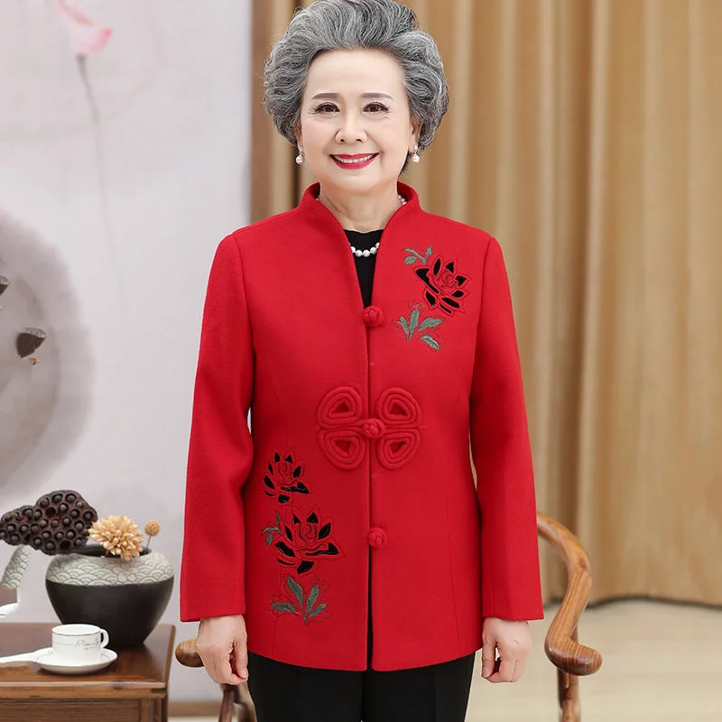 V Neck Floral Embroidery Woolen Tang Suit Traditional Chinese Jacket Mother's Coat Striped Jacket Polka Dot Jacket Floral Jacket V Neck Floral Embroidery Woolen Tang Suit Traditional Chinese Jacket Mother's Coat Striped Jacket Polka Dot Jacket Floral Jacket