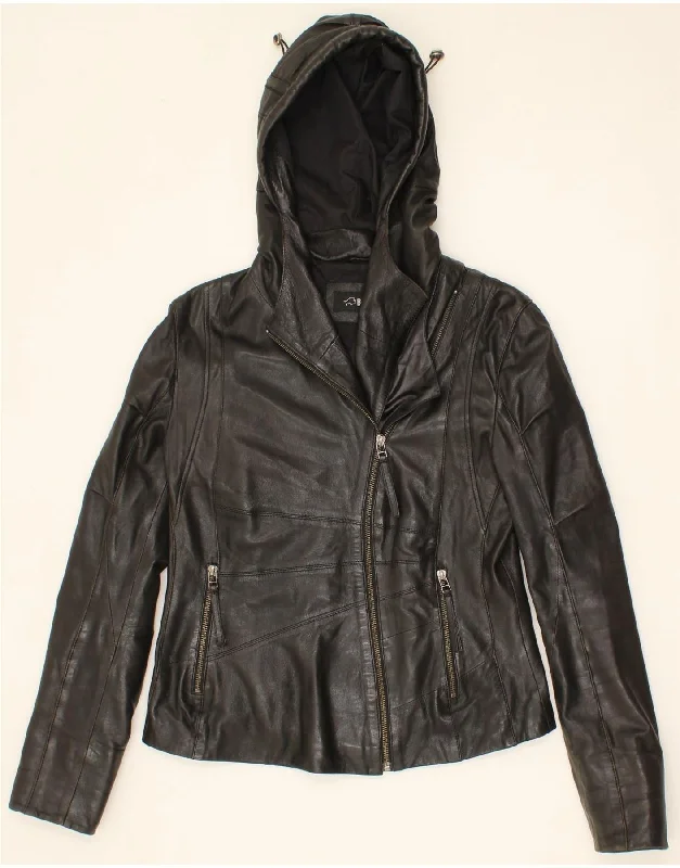 VINTAGE Womens Hooded Leather Jacket IT 42 Medium Black Leather Satin Jacket Silk Jacket Chiffon Jacket VINTAGE Womens Hooded Leather Jacket IT 42 Medium Black Leather Satin Jacket Silk Jacket Chiffon Jacket