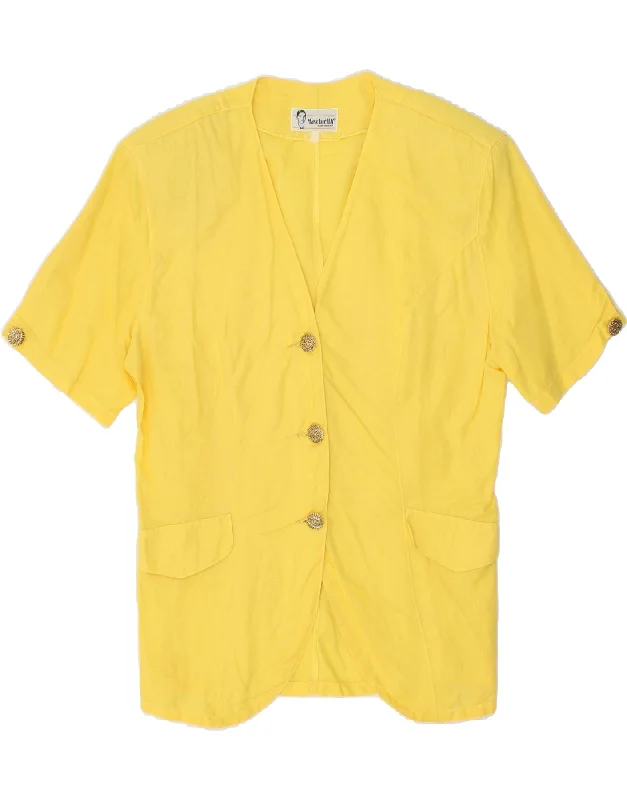 VINTAGE Womens Short Sleeve 3 Button Blazer Jacket UK 14 Medium Yellow Welt Pockets Slit Pockets Flap Pockets VINTAGE Womens Short Sleeve 3 Button Blazer Jacket UK 14 Medium Yellow Welt Pockets Slit Pockets Flap Pockets