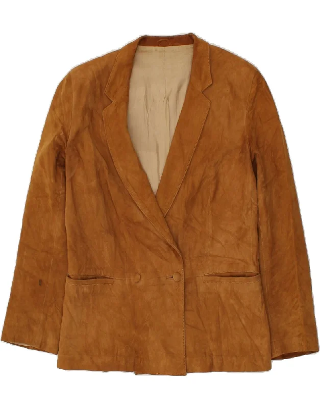 VINTAGE Womens Suede Double Breasted Blazer Jacket IT 42 Medium Brown Knit Fabric Woven Fabric Fleece Fabric VINTAGE Womens Suede Double Breasted Blazer Jacket IT 42 Medium Brown Knit Fabric Woven Fabric Fleece Fabric