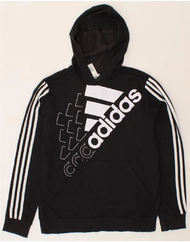 ADIDAS Boys Graphic Hoodie Jumper 13-14 Years Black Cotton