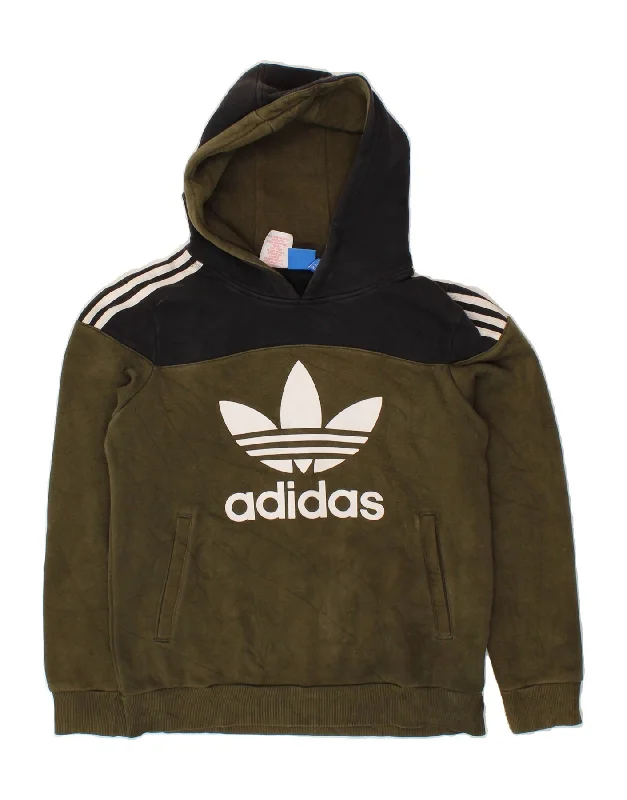 ADIDAS Boys Graphic Hoodie Jumper 13-14 Years Khaki Colourblock Cotton