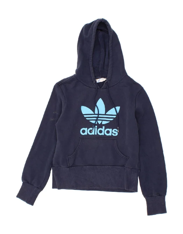 ADIDAS Womens Graphic Hoodie Jumper EU 36 Small Navy Blue Cotton Hoodie with Stripes Bold Sporty ADIDAS Womens Graphic Hoodie Jumper EU 36 Small Navy Blue Cotton Hoodie with Stripes Bold Sporty