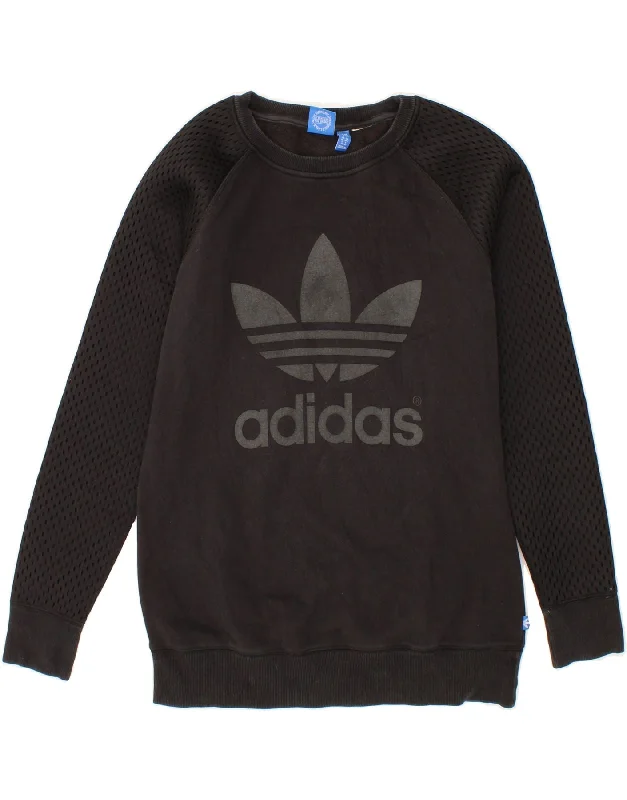 ADIDAS Womens Oversized Graphic Sweatshirt Jumper UK 10 Small Black Hoodie with Tied Waist Feminine Flattering ADIDAS Womens Oversized Graphic Sweatshirt Jumper UK 10 Small Black Hoodie with Tied Waist Feminine Flattering