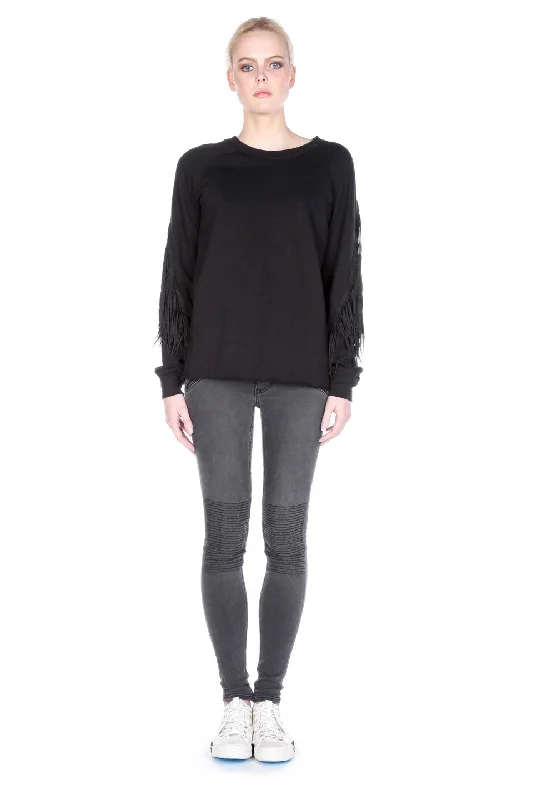 BLK DNM Women's Black Fringe Detail Sweatshirt $359 NWOT Hoodie with Ribbed Neckline Snug Warm BLK DNM Women's Black Fringe Detail Sweatshirt $359 NWOT Hoodie with Ribbed Neckline Snug Warm