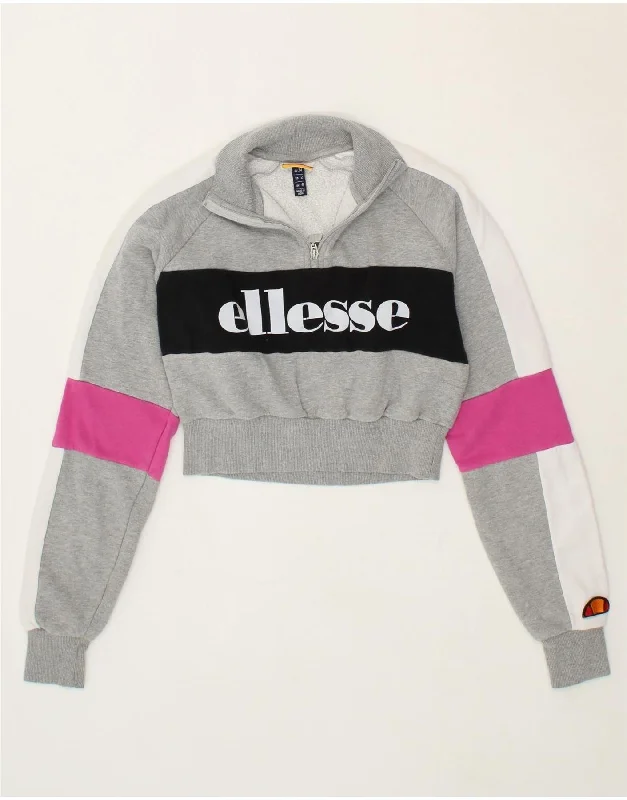 ELLESSE Womens Oversized Graphic Zip Neck Sweatshirt Jumper UK 6 XS Grey Hoodie with Hem Applique Textured Unique
