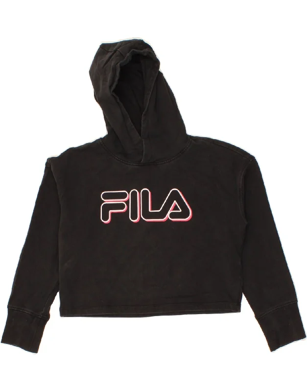 FILA Girls Crop Graphic Hoodie Jumper 9-10 Years Black Cotton