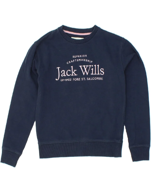 JACK WILLS Girls Graphic Sweatshirt Jumper 10-11 Years Navy Blue Cotton