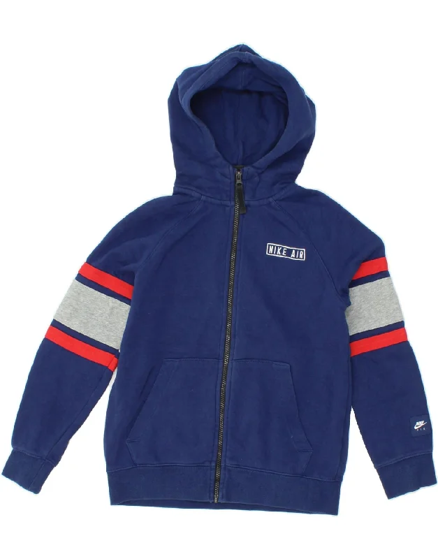 NIKE Boys Zip Hoodie Sweater 10-11 Years Medium Navy Blue Colourblock