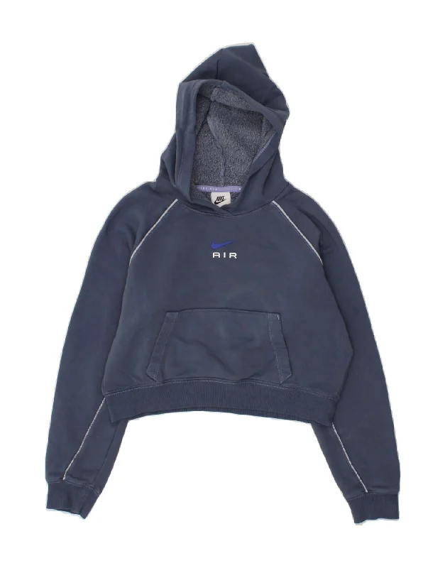NIKE Girls Crop Graphic Hoodie Jumper 12-13 Years Large Navy Blue Hoodie with Patch Decorative Personalized