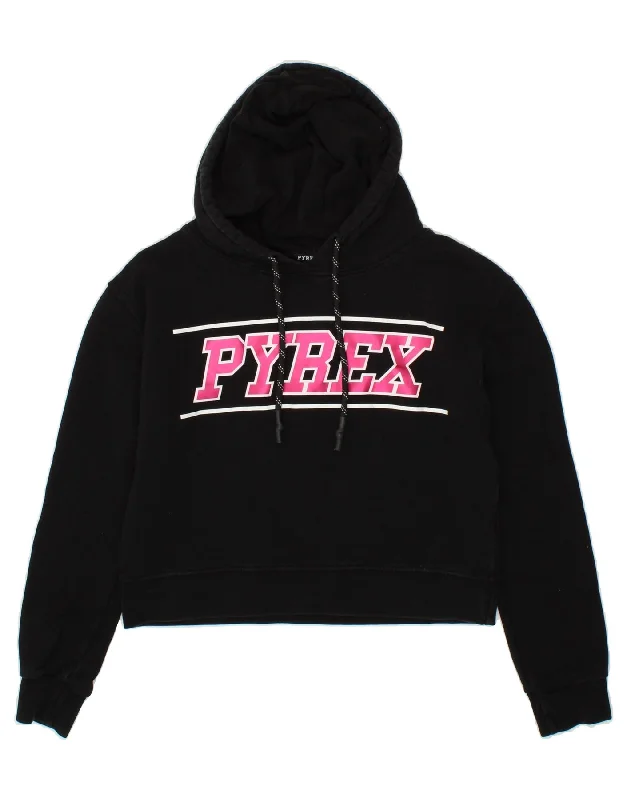 PYREX Womens Crop Graphic Hoodie Jumper UK 14 Medium Black Cotton