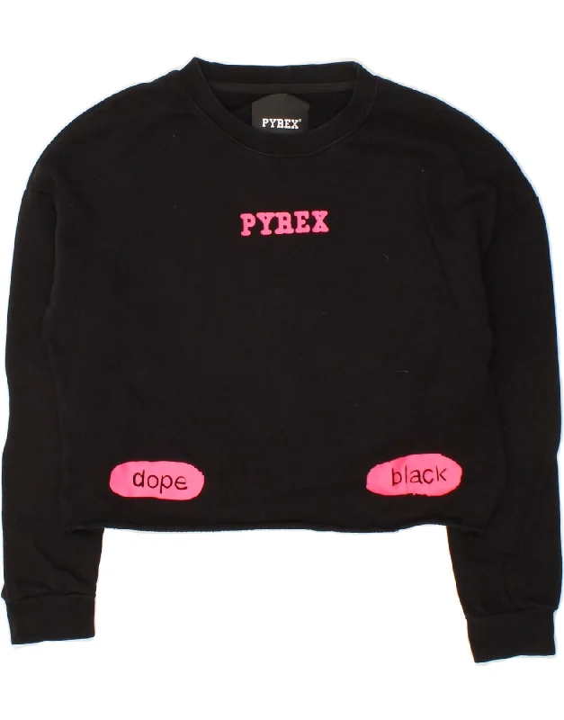 PYREX Womens Crop Graphic Sweatshirt Jumper UK 12 Medium Black Cotton Hoodie with Turtle Neck Cozy Winter PYREX Womens Crop Graphic Sweatshirt Jumper UK 12 Medium Black Cotton Hoodie with Turtle Neck Cozy Winter