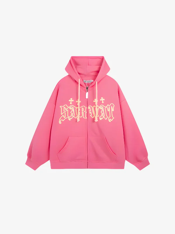 KG Foam-Lettered Zip Up Hoodie Hoodie with Button Placket Classic Preppy