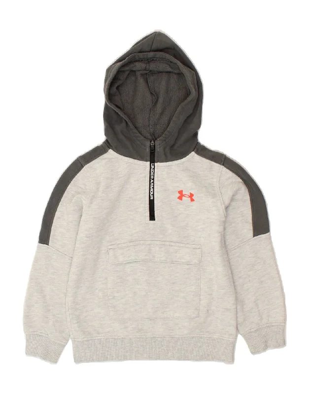 UNDER ARMOUR Boys Zip Neck Hoodie Jumper 5-6 Years Grey Colourblock Cotton