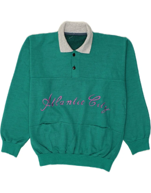 VINTAGE Mens Graphic Polo Neck Sweatshirt Jumper Large Green Hoodie Jacket Zipper Layering VINTAGE Mens Graphic Polo Neck Sweatshirt Jumper Large Green Hoodie Jacket Zipper Layering