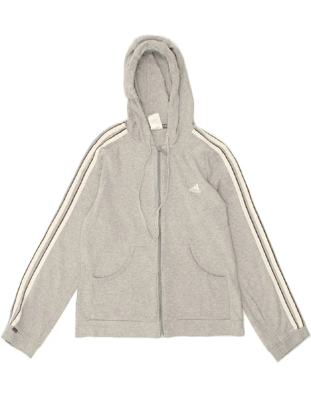 ADIDAS Womens Zip Hoodie Sweater UK 16 Large Grey Cotton Toggled Drawstring Belted