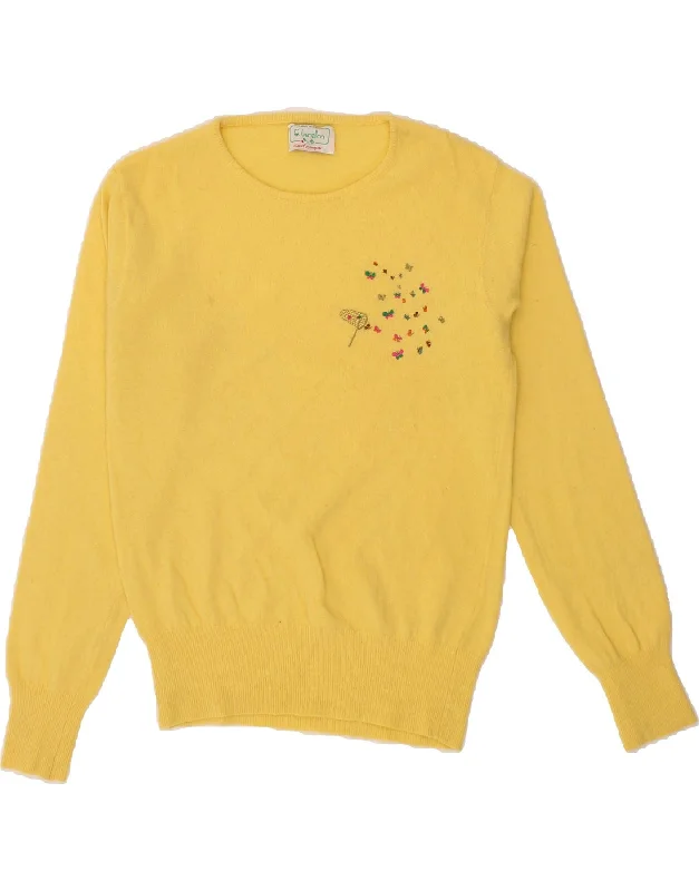 BENETTON Womens Crew Neck Jumper Sweater UK 14 Large Yellow Wool Sweater Knitwear Pullover