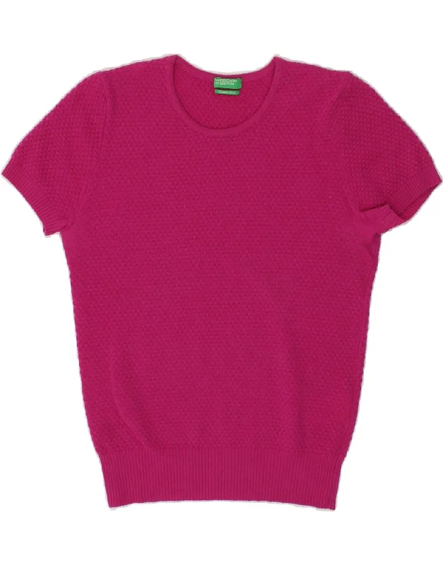 BENETTON Womens Short Sleeve Crew Neck Jumper Sweater UK 10 Small Pink Embroidered Appliqued Beaded BENETTON Womens Short Sleeve Crew Neck Jumper Sweater UK 10 Small Pink Embroidered Appliqued Beaded