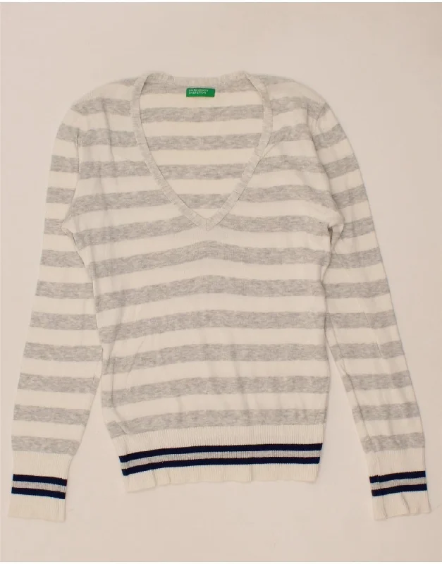 BENETTON Womens V-Neck Jumper Sweater UK 10 Small Grey Striped Cotton Fleece Fabric Down Fabric Feather Fabric BENETTON Womens V-Neck Jumper Sweater UK 10 Small Grey Striped Cotton Fleece Fabric Down Fabric Feather Fabric