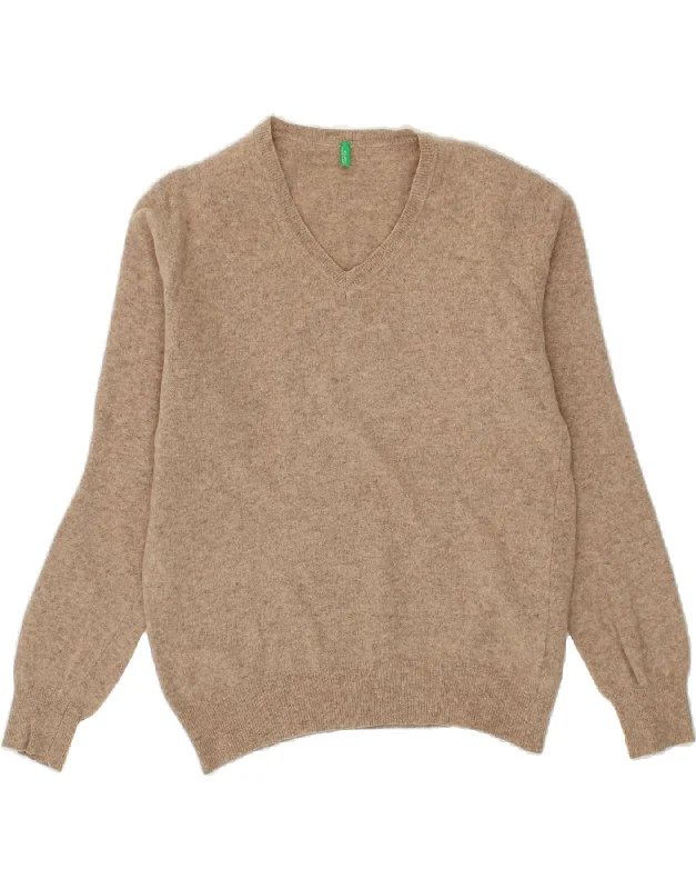 BENETTON Womens V-Neck Jumper Sweater UK 14 Medium Beige Wool Soft Cozy Warm