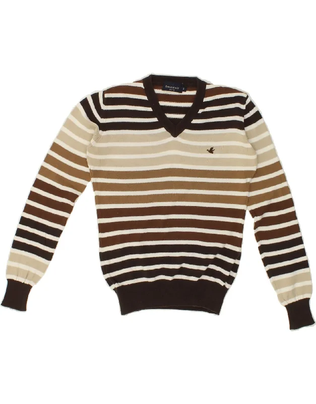 BROOKSFIELD Womens V-Neck Jumper Sweater IT 40 Small Brown Striped Cotton Terry Blend Velvet Blend Canvas Blend BROOKSFIELD Womens V-Neck Jumper Sweater IT 40 Small Brown Striped Cotton Terry Blend Velvet Blend Canvas Blend