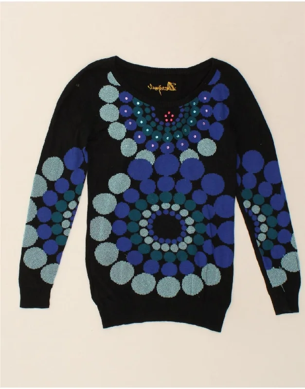 DESIGUAL Womens Boat Neck Jumper Sweater UK 12 Medium Navy Blue Geometric Solid Print Embellished DESIGUAL Womens Boat Neck Jumper Sweater UK 12 Medium Navy Blue Geometric Solid Print Embellished