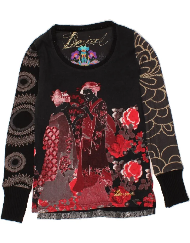 DESIGUAL Womens Crew Neck Jumper Sweater UK 10 Small Black Floral Cotton Zippered Buttoned Snapped DESIGUAL Womens Crew Neck Jumper Sweater UK 10 Small Black Floral Cotton Zippered Buttoned Snapped