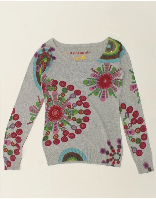DESIGUAL Womens Graphic Boat Neck Jumper Sweater UK 10 Small Grey Transparent Opaque Sheer