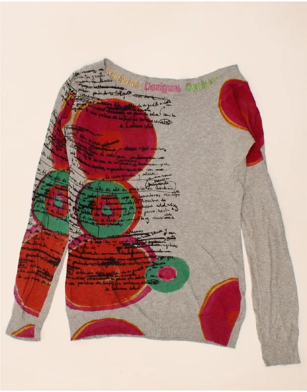 DESIGUAL Womens Graphic Boat Neck Jumper Sweater UK 12 Medium Grey Lace Blend Ribbed Blend Corduroy Blend DESIGUAL Womens Graphic Boat Neck Jumper Sweater UK 12 Medium Grey Lace Blend Ribbed Blend Corduroy Blend