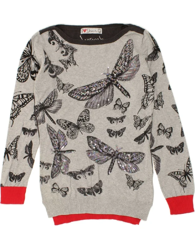 DESIGUAL Womens Graphic Boat Neck Jumper Sweater UK 14 Large Grey Lace Blend Ribbed Blend Corduroy Blend DESIGUAL Womens Graphic Boat Neck Jumper Sweater UK 14 Large Grey Lace Blend Ribbed Blend Corduroy Blend