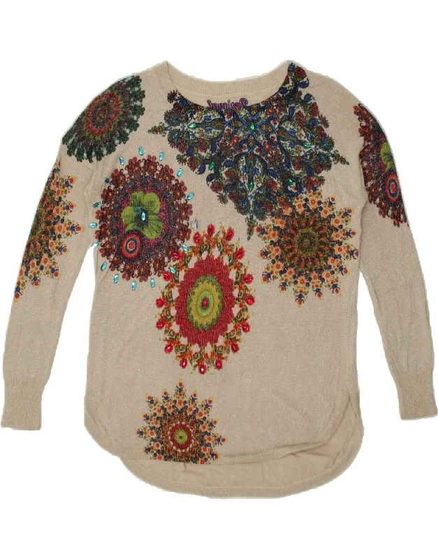 DESIGUAL Womens Graphic Boat Neck Jumper Sweater UK 6 XS Beige Floral Striped Floral Plaid DESIGUAL Womens Graphic Boat Neck Jumper Sweater UK 6 XS Beige Floral Striped Floral Plaid
