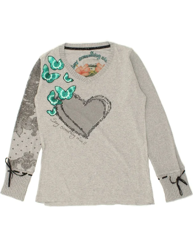 DESIGUAL Womens Graphic V-Neck Jumper Sweater UK 10 Small Grey Floral Front Pockets Side Pockets Patch Pockets DESIGUAL Womens Graphic V-Neck Jumper Sweater UK 10 Small Grey Floral Front Pockets Side Pockets Patch Pockets