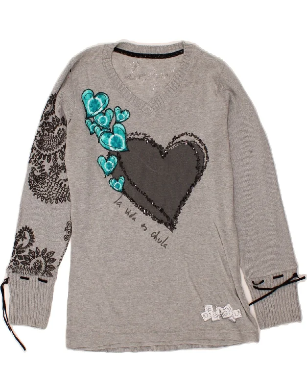 DESIGUAL Womens Graphic V-Neck Jumper Sweater UK 12 Medium Grey Paisley Collared Crew Neck Turtle Neck DESIGUAL Womens Graphic V-Neck Jumper Sweater UK 12 Medium Grey Paisley Collared Crew Neck Turtle Neck