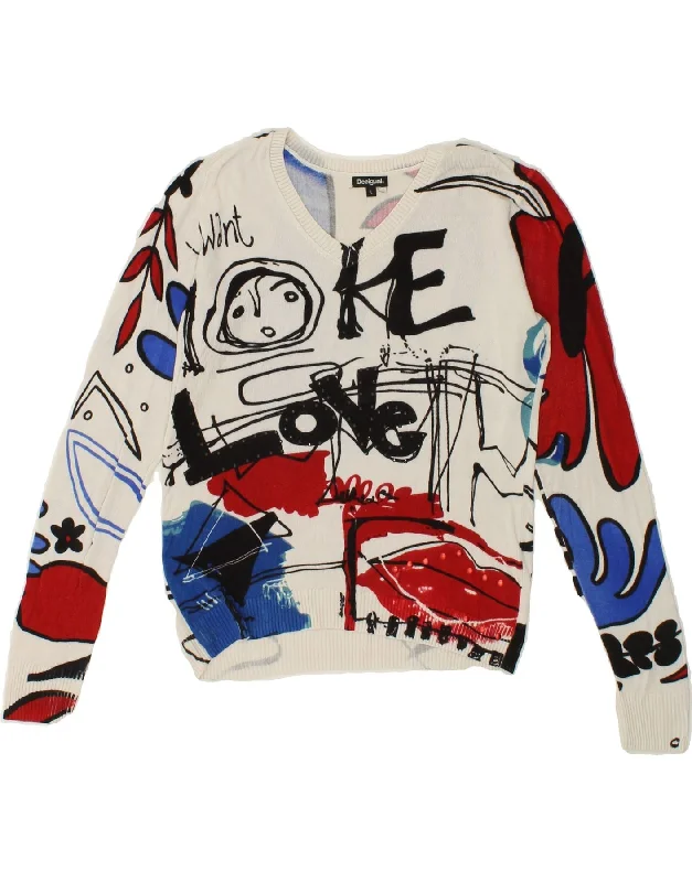 DESIGUAL Womens Graphic V-Neck Jumper Sweater UK 14 Large Multicoloured Fitted Slim Tailored DESIGUAL Womens Graphic V-Neck Jumper Sweater UK 14 Large Multicoloured Fitted Slim Tailored