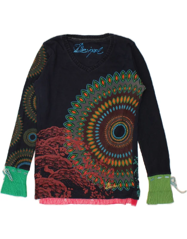 DESIGUAL Womens Graphic V-Neck Jumper Sweater UK 14 Large Navy Blue Wool Fabric Cashmere Fabric Tweed Fabric DESIGUAL Womens Graphic V-Neck Jumper Sweater UK 14 Large Navy Blue Wool Fabric Cashmere Fabric Tweed Fabric
