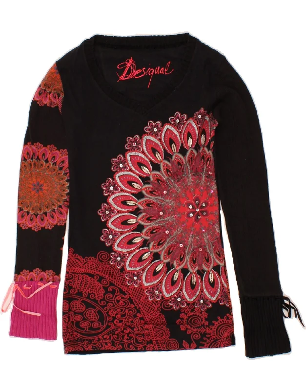 DESIGUAL Womens Graphic V-Neck Jumper Sweater UK 4 XS Black Floral Toggled Drawstring Belted DESIGUAL Womens Graphic V-Neck Jumper Sweater UK 4 XS Black Floral Toggled Drawstring Belted
