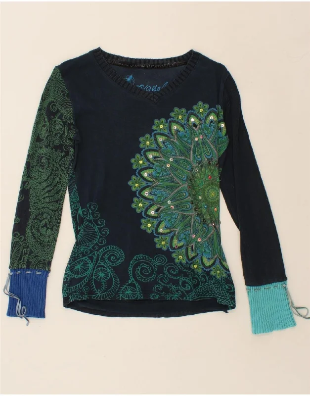 DESIGUAL Womens V-Neck Jumper Sweater UK 12 Medium Navy Blue Paisley Fitted Slim Tailored DESIGUAL Womens V-Neck Jumper Sweater UK 12 Medium Navy Blue Paisley Fitted Slim Tailored