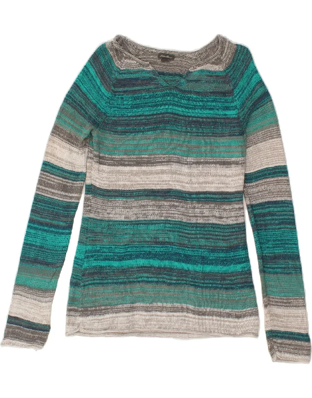 EDDIE BAUER Womens V-Neck Jumper Sweater UK 10 Small Green Striped Cotton Mesh Blend Leather Blend Suede Blend EDDIE BAUER Womens V-Neck Jumper Sweater UK 10 Small Green Striped Cotton Mesh Blend Leather Blend Suede Blend