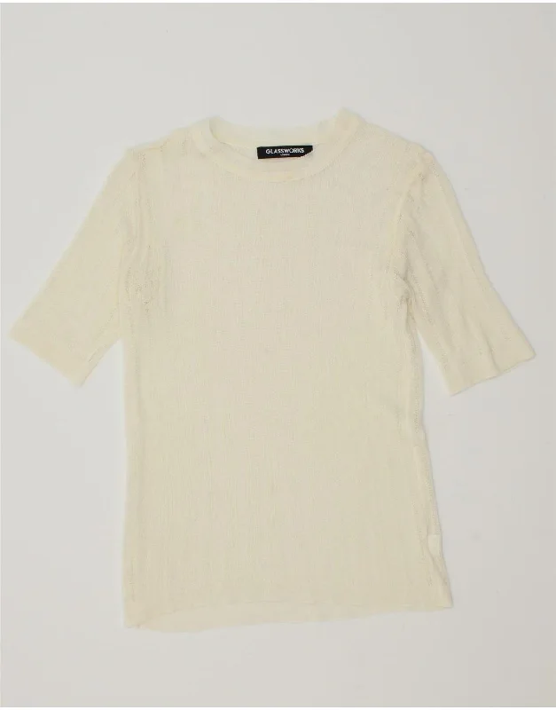 GLASSWORKS Womens 1/2 Sleeve Crew Neck Jumper Sweater UK 6 XS Off White Glossy Satin Silk