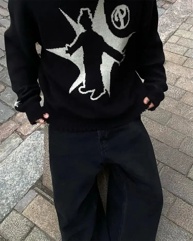 Grunge Starboy Distressed Knitted Sweater Fleece Sweater Nylon Polyester