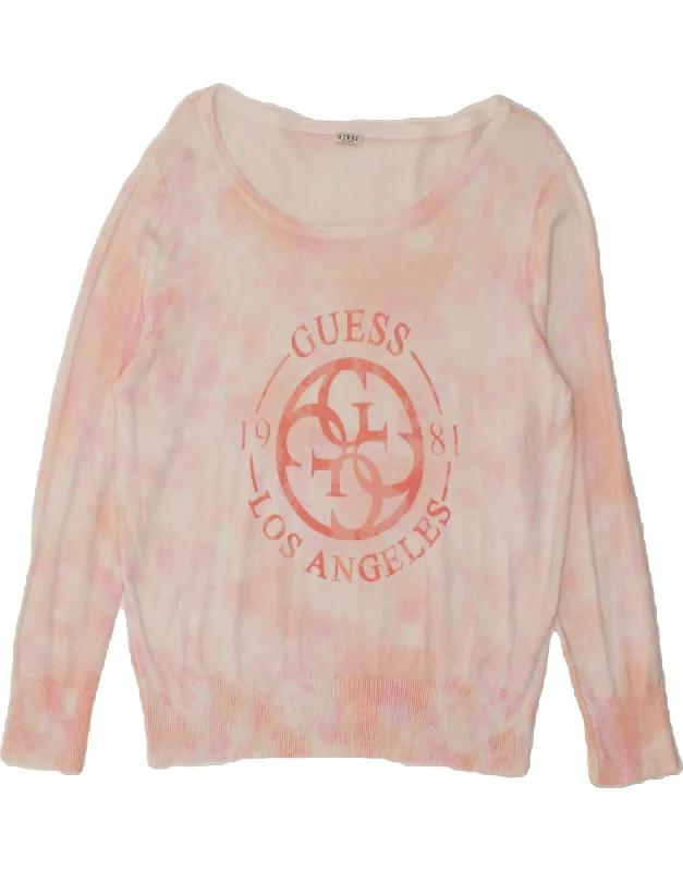 GUESS Womens Graphic Boat Neck Jumper Sweater UK 14 Large Pink Tie Dye Layered Multi-layer Single Layer