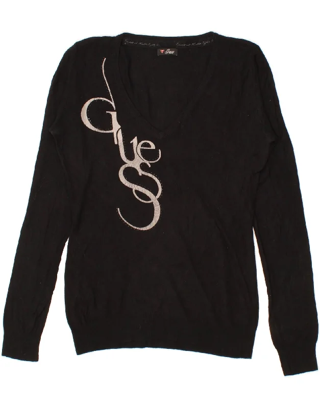 GUESS Womens Graphic V-Neck Jumper Sweater UK 12 Medium Black Viscose Striped Floral Plaid GUESS Womens Graphic V-Neck Jumper Sweater UK 12 Medium Black Viscose Striped Floral Plaid