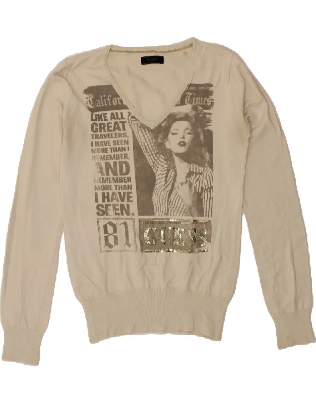 GUESS Womens Graphic V-Neck Jumper Sweater UK 14 Large Beige Cotton Sequined Glittery Shiny GUESS Womens Graphic V-Neck Jumper Sweater UK 14 Large Beige Cotton Sequined Glittery Shiny