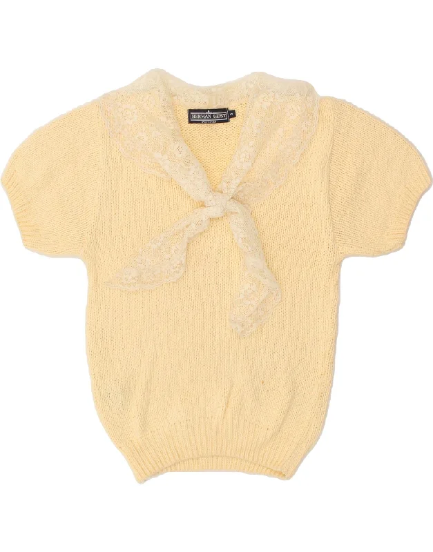 HERMAN GEIST Womens Short Sleeve V-Neck Jumper Sweater UK 10 Small Yellow Mesh Fabric Canvas Fabric Denim Fabric HERMAN GEIST Womens Short Sleeve V-Neck Jumper Sweater UK 10 Small Yellow Mesh Fabric Canvas Fabric Denim Fabric
