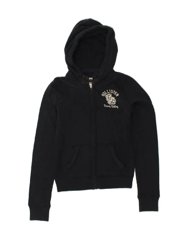 HOLLISTER Womens Crop Graphic Zip Hoodie Sweater UK 6 XS Navy Blue Cotton Boat Neck Shawl Collar Notched Collar HOLLISTER Womens Crop Graphic Zip Hoodie Sweater UK 6 XS Navy Blue Cotton Boat Neck Shawl Collar Notched Collar