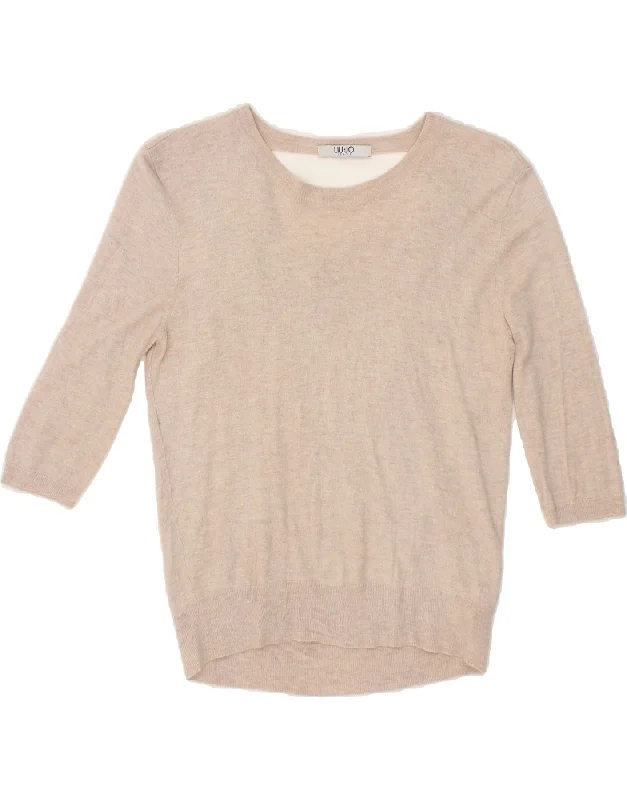LIU JO Womens Crop 3/4 Sleeve Boat Neck Jumper Sweater UK 12 Medium Beige Embroidered Appliqued Beaded LIU JO Womens Crop 3/4 Sleeve Boat Neck Jumper Sweater UK 12 Medium Beige Embroidered Appliqued Beaded