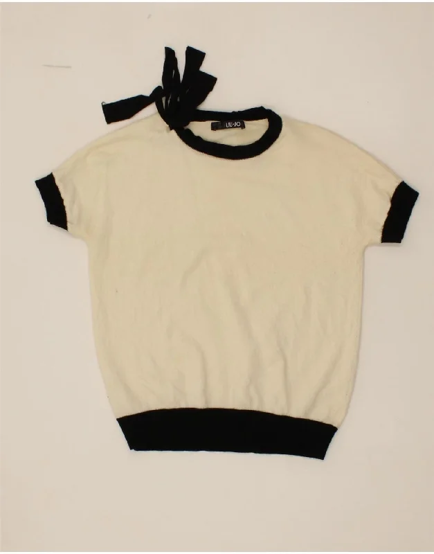 LIU JO Womens Short Sleeve Boat Neck Jumper Sweater UK 12 Medium Off White Terry Terry Cloth Terry Knit LIU JO Womens Short Sleeve Boat Neck Jumper Sweater UK 12 Medium Off White Terry Terry Cloth Terry Knit
